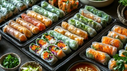 A variety of fresh spring rolls with different fillings, including vegetables, noodles, and tofu, arranged on black trays.