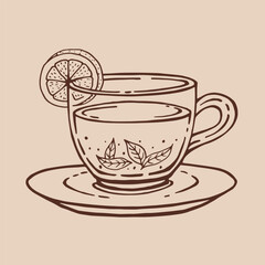 Cup of tea with lemon slices, tea leaves. Hand drawn vector illustration in outline style.