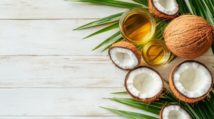A composition featuring coconuts, coconut oil, and palm leaves on a wooden surface.