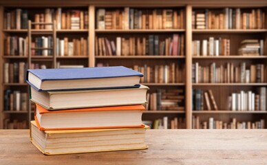 Set of reading books on table in library, education
