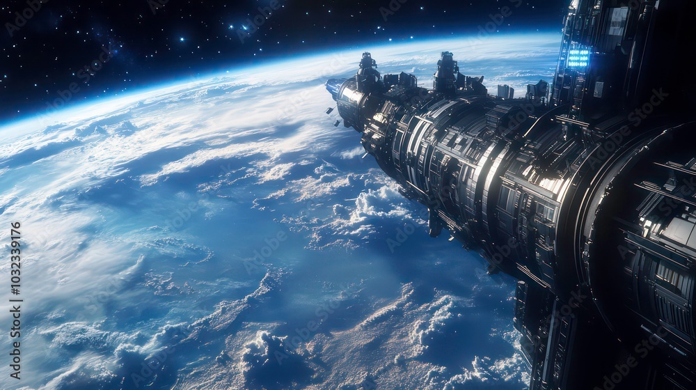 Wall mural a futuristic spaceship orbits a blue planet with white clouds in a dark starry sky.