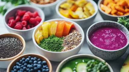 A colorful assortment of superfoods such as acai bowls, spirulina smoothies, and hemp seeds, beautifully arranged on a bright kitchen island