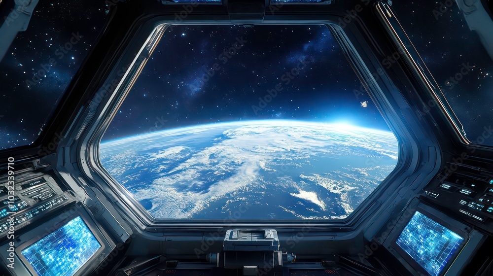 Wall mural a view of earth from a spaceship window, showcasing the planet's beauty and vastness.