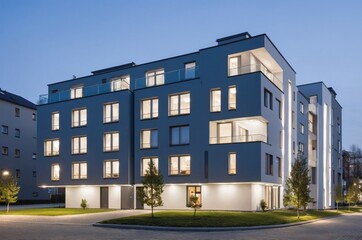 Obraz premium Minimalist apartment building with illuminated windows at dusk