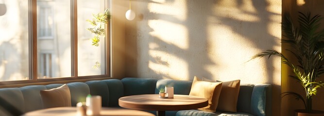 62. A cozy corner of a cafe with soft seating, waiting for a product to showcase