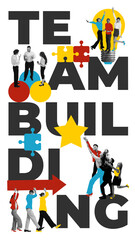 Group of employees working together to achieve common professional goals. Productive work environment. Contemporary art collage. Vertical layout. Concept of business, teambuilding, collaboration