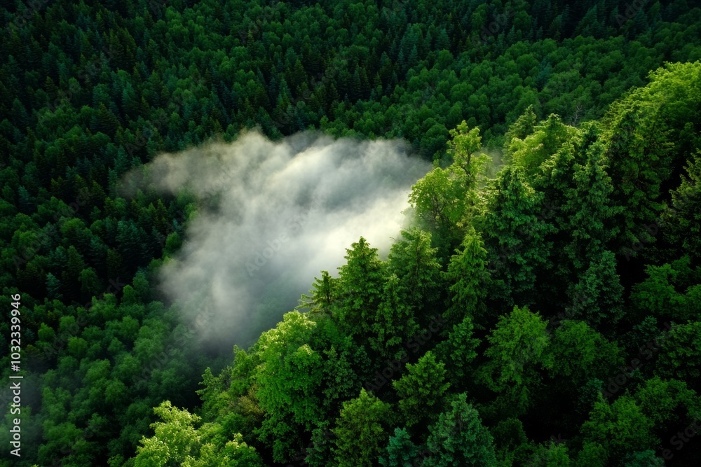 Poster ethereal forest scene, with light breaking through mist, creating a dreamlike quality