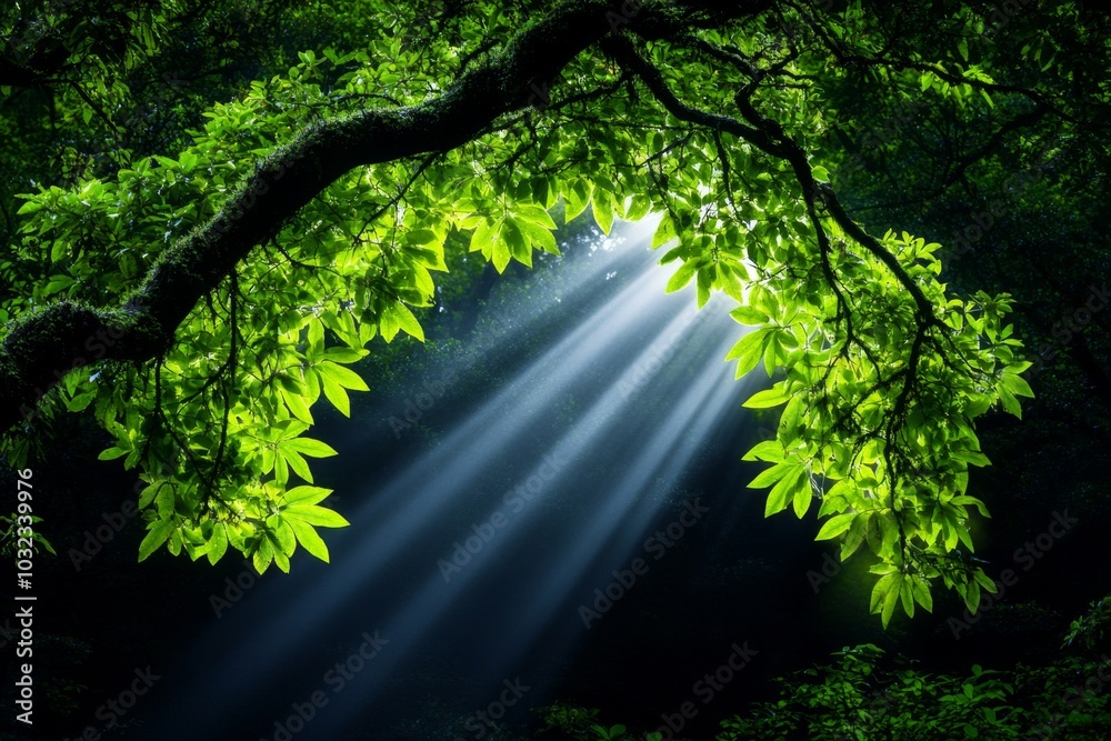 Poster ethereal forest scene, with light breaking through mist, creating a dreamlike quality