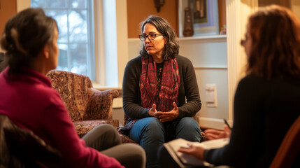 A compassionate therapist guiding a session on trauma-informed care, with warm lighting and comfortable seating, while participants share their experiences and find support