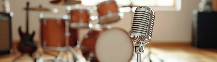 Vintage microphone in a music studio, ready for recording, with drums in the background.