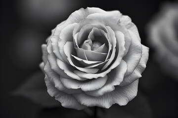 Monochrome rose reveals intricate petal layers, creating a dramatic atmosphere