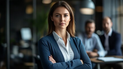 A confident woman stands in an office, with colleagues blurred in the background.