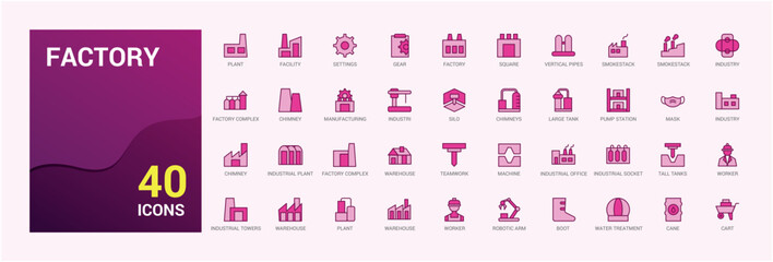 Factory colorful icons collection. Set of Industry, production, machine, manufacture, line icon bundel for web and ui. Outline thin and solid color icon pack, Icon names are written in English.