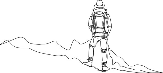 continuous single line drawing of hiker with backpack in mountains, line art vector illustration