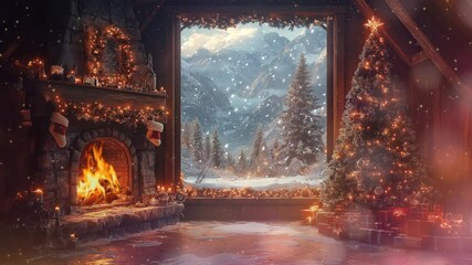 A cozy Christmas scene with a decorated fireplace and Christmas tree, while snow falls gently outside the window. Loop