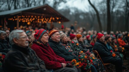 In a wooded area, people gather outdoors for a cozy evening festival, illuminated by a warmly lit wooden cabin and vibrant string lights.