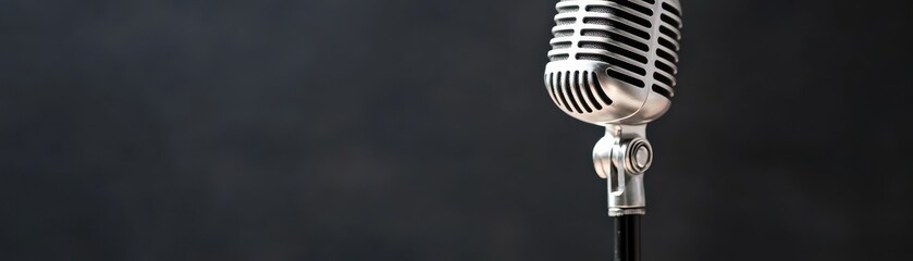 Vintage microphone on a stand against a dark background, perfect for music or performance themes.