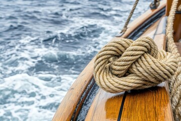 Fototapeta premium Close-up of intricate rope knot on the wooden ship s bow, glistening waves providing a serene backdrop, maritime tranquility, capturing the peacefulness of sea travel