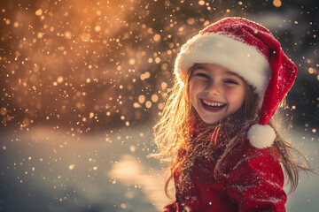 Little girl having fun at the end of the afternoon wearing a Santa Claus hat in a snow-covered forest