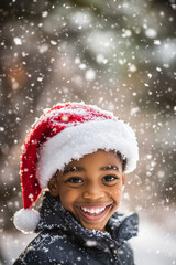 Little guy laughing at the end of a winter's day in a Santa hat in a snowy forest