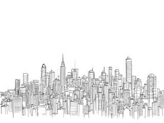 Minimalist Outline of a Bustling Cityscape with Clean Lines on White Background
