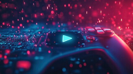 A close-up of a video game controller with a glowing play button in the center, surrounded by a digital background.
