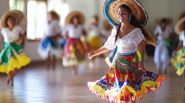A cultural immersion experience where participants learn traditional dance in a local community center, dressed in colorful cultural attire