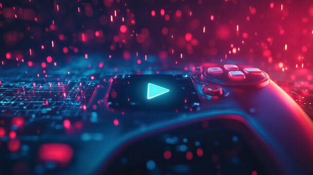 A close-up of a video game controller with a glowing play button in the center, surrounded by a digital background. - Powered by Adobe