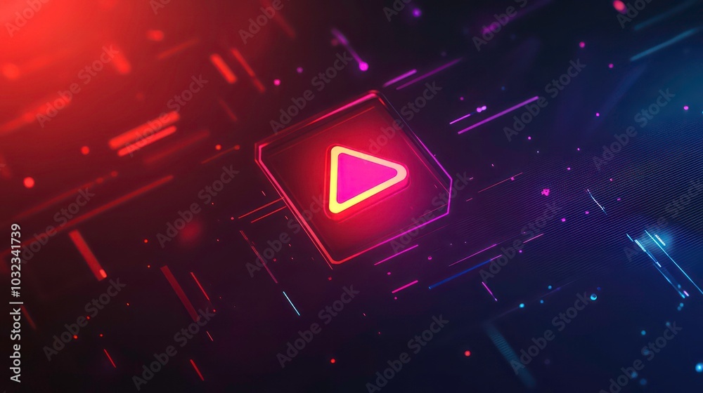 Poster a glowing play button icon on a futuristic circuit board.