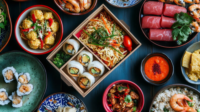 A culturally inspired food kit featuring an array of ingredients and recipes from different cuisines, beautifully presented in a colorful box with international flair