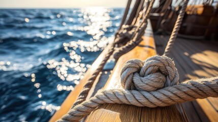 Fototapeta premium Detailed view of a rope knot on a wooden ship, with sunlit waves sparkling in the background, nautical journey, evoking peace and the spirit of adventure