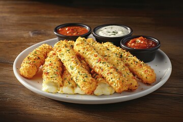 A plate of golden, crispy cheese sticks served with marinara and ranch dipping sauces.