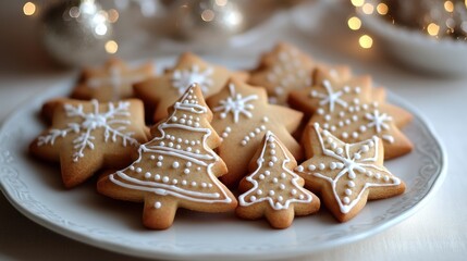 Decorated Christmas cookies shaped like trees, stars, and gingerbread men on a plate

