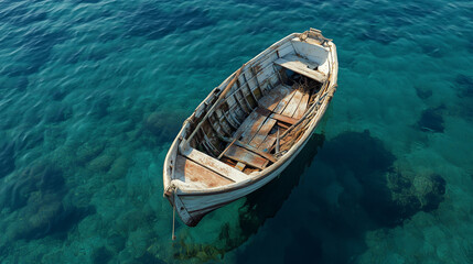 Obraz premium Abandoned wooden boat floating in clear turquoise waters