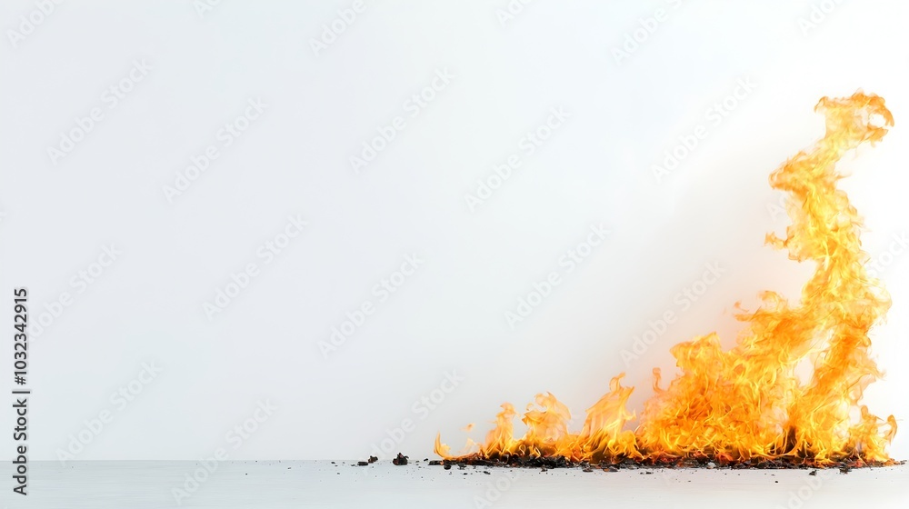 Poster isolated and naturally rising fire flames with soft edges and glowing embers set against a clean whi