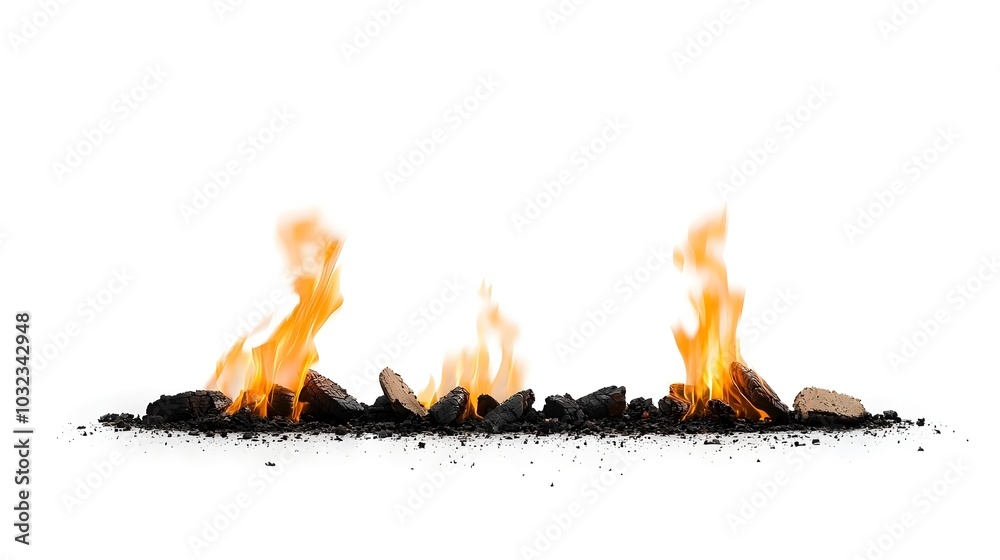 Fototapete isolated and abstract fire flames with soft edges and glowing embers rising naturally against a plai
