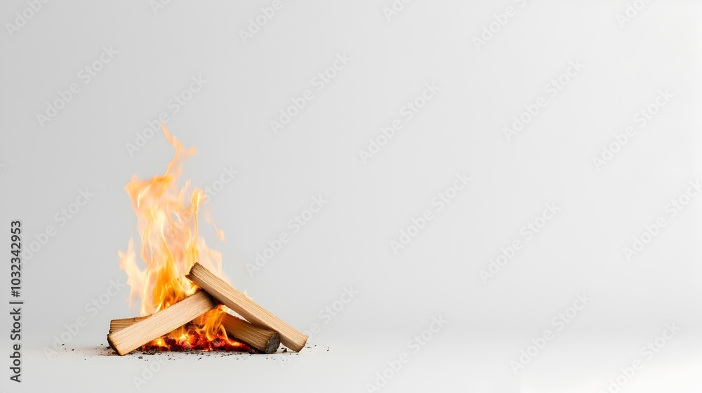 Poster Isolated fiery flames with soft edges and glowing embers rising naturally against a pristine white background for use in high contrast dynamic compositions