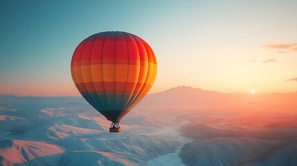 Obraz premium A colorful hot air balloon soars over a snowy landscape at sunset.