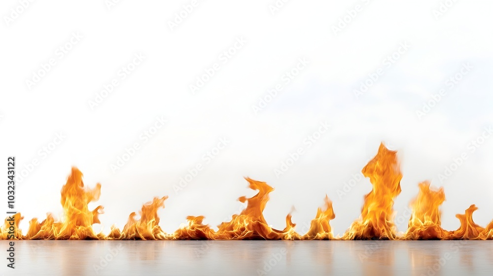 Poster tall dramatic fire flames reaching upward with bright yellow and red glowing tones against a bold wh