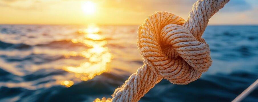 Detailed view of a sailor s knot with the sunlit sea as a backdrop, capturing the essence of serene adventure, sailing craftsmanship, blending precision and peacefulness