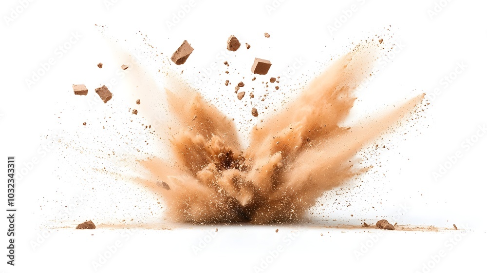 Poster Dramatic explosion of vibrant chocolate colored powder dispersing in all directions creating a visually striking and dynamic scene for festival party and visuals and designs