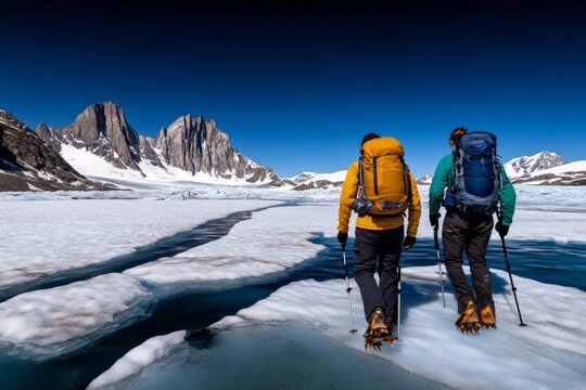 Hikers trekking across a glacier, with the vast icy landscape stretching in all directions