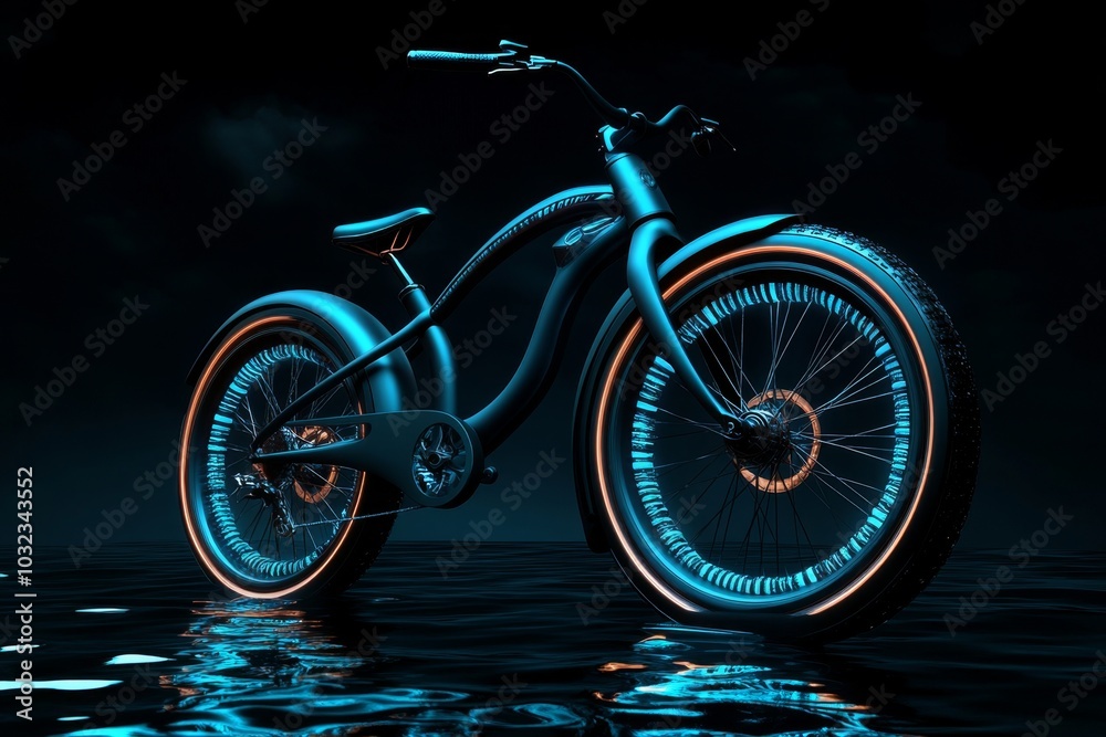 Poster holographic retro bicycle floating, blending old design with futuristic elements
