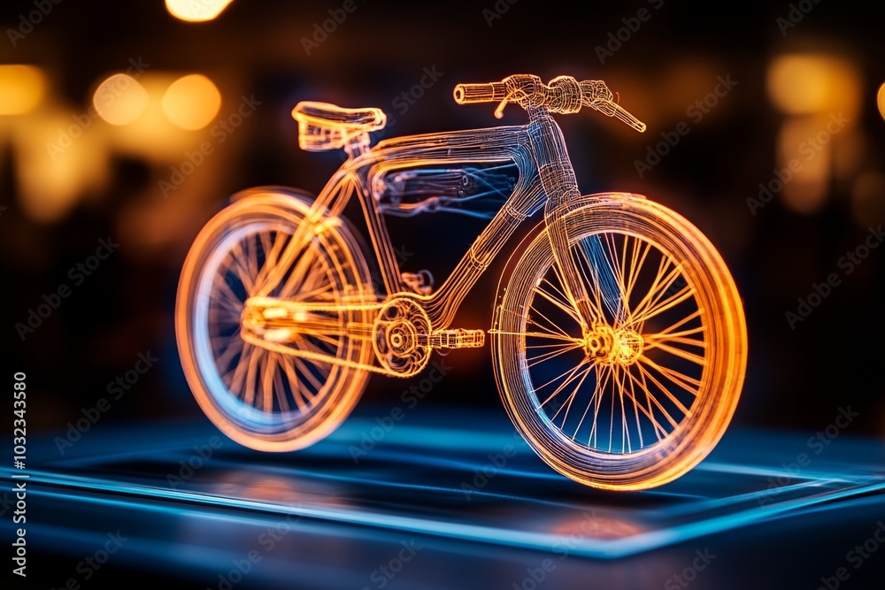 Poster holographic retro bicycle floating, blending old design with futuristic elements