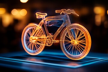 Holographic retro bicycle floating, blending old design with futuristic elements