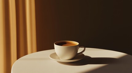 One cup of coffee on plain table, warm lighting, cozy minimalism