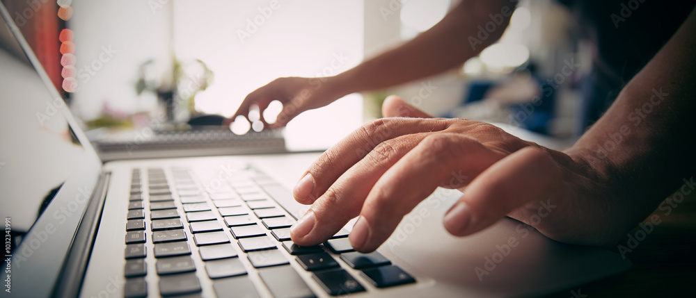 Wall mural man using laptop at home, typing hands