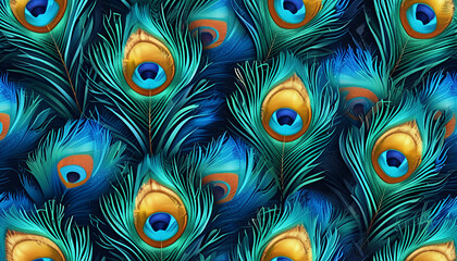 A seamless, intricate pattern featuring peacock feathers with vibrant colors of blue, green, and gold. 