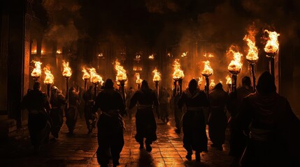 Silhouetted crowd holding torches, illuminating the night in a dramatic display of fire and shadows; an intense and historic atmosphere captured.