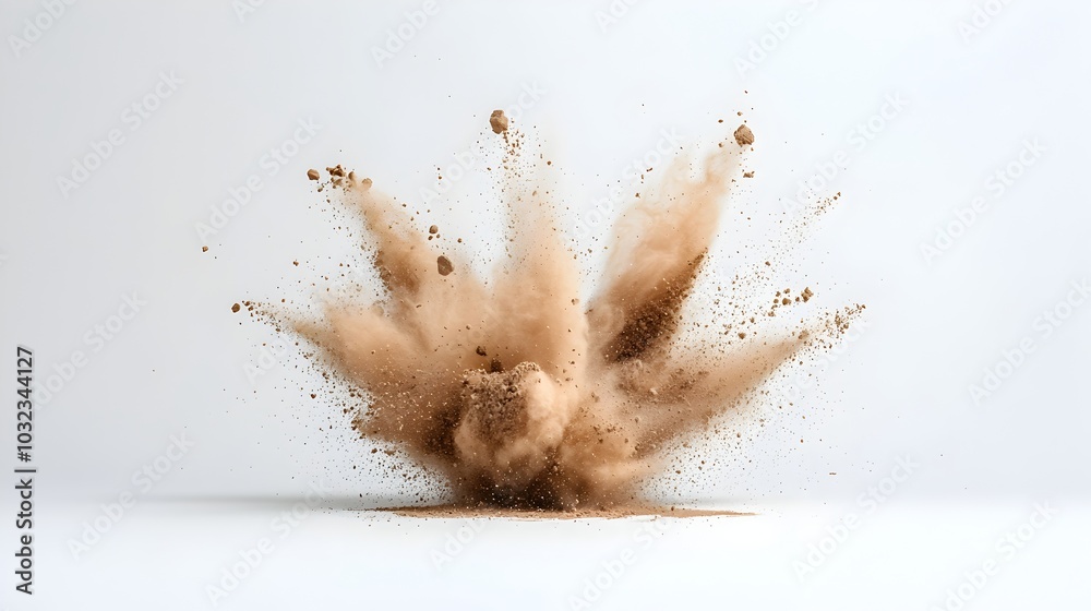 Poster Vibrant and dynamic burst of chocolate colored powder particles creating an energetic explosion against a clean white studio background
